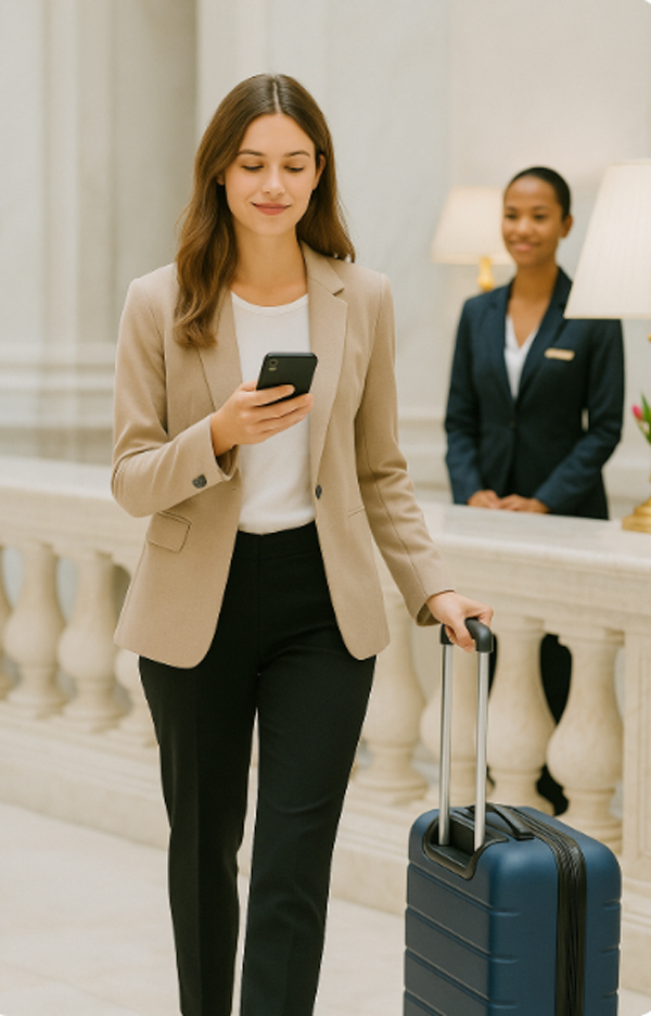Businesswoman with Suitcase in Hotel Lobby checking-out Check-out online rápido y todo en orden